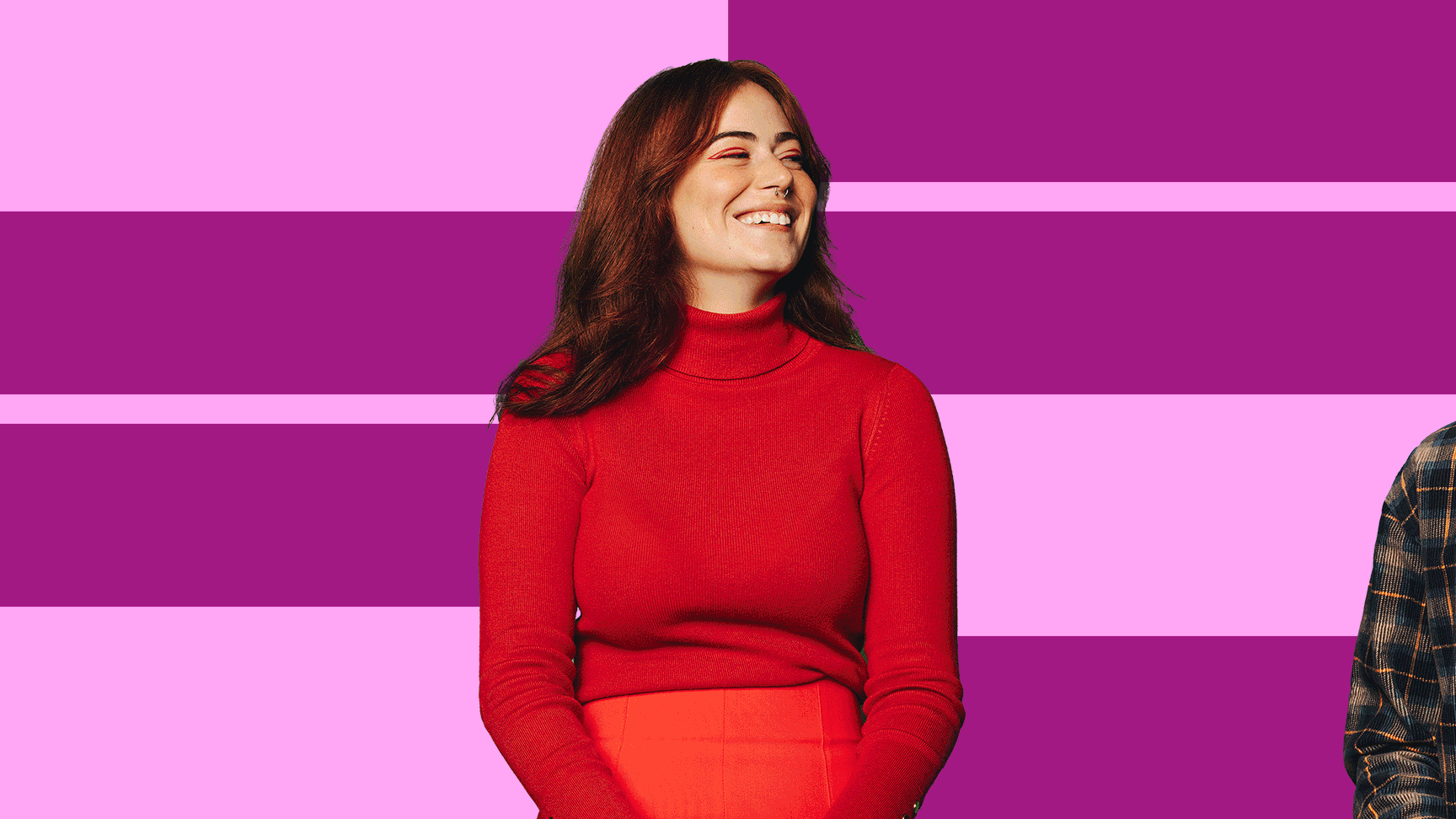 SSHRC brand graphic with smiling portraits animating across bold magenta and pink block backgrounds.