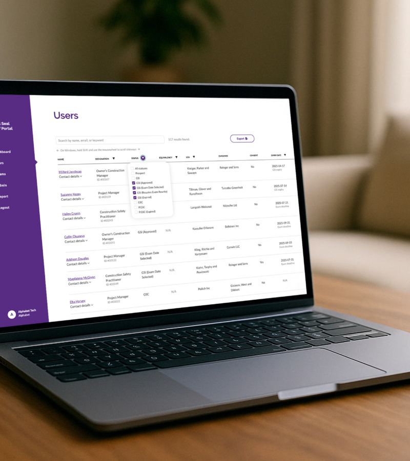 Laptop screen showing Gold Seal portal with user list, filters, and export options.