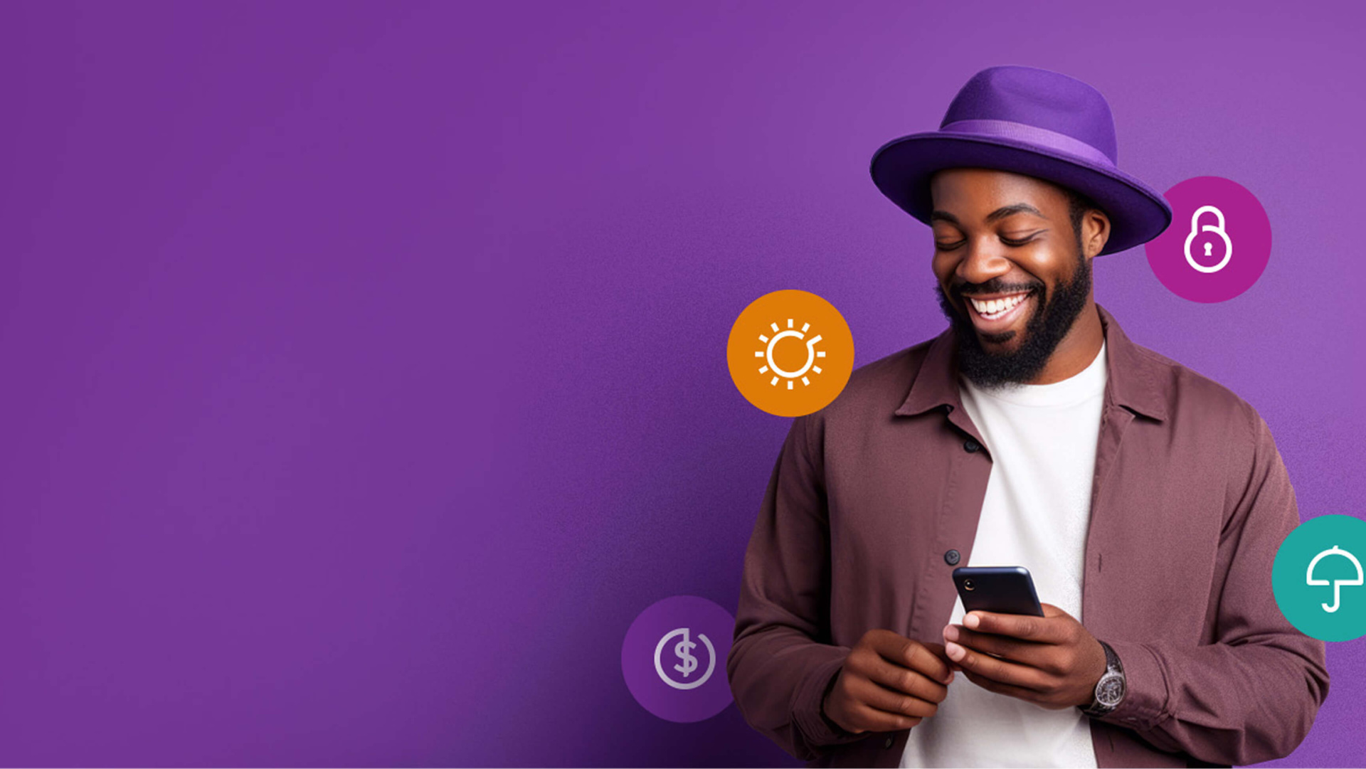 A smiling man in a purple hat checks his phone against a purple background, with floating icons representing financial security and protection.