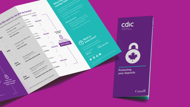CDIC brochure on a purple background, showing deposit coverage infographic and ‘Protecting your deposits’ cover.