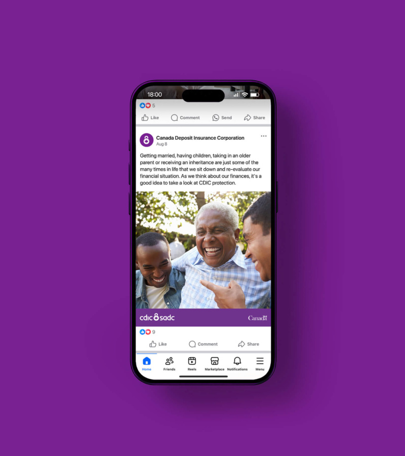 Smartphone mock-up on a purple background showing a CDIC social media post with a photo of three people laughing outdoors.