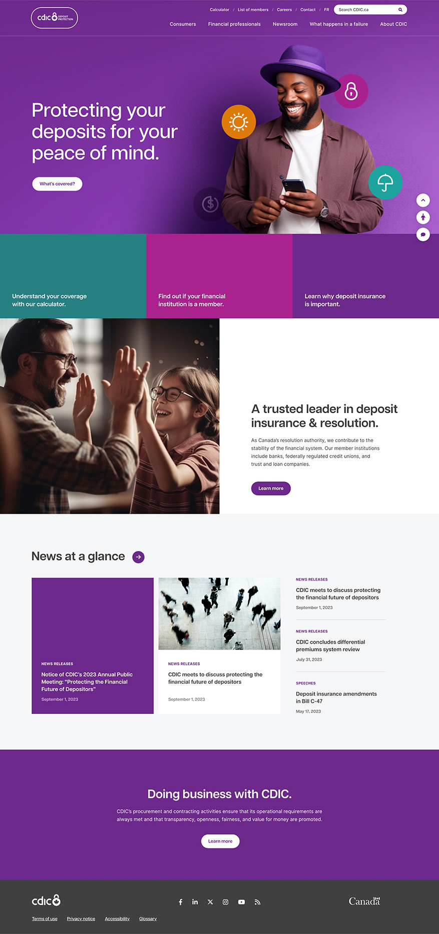 Screenshot of the CDIC homepage featuring the headline ‘Protecting your deposits for your peace of mind’ alongside a man using a smartphone.