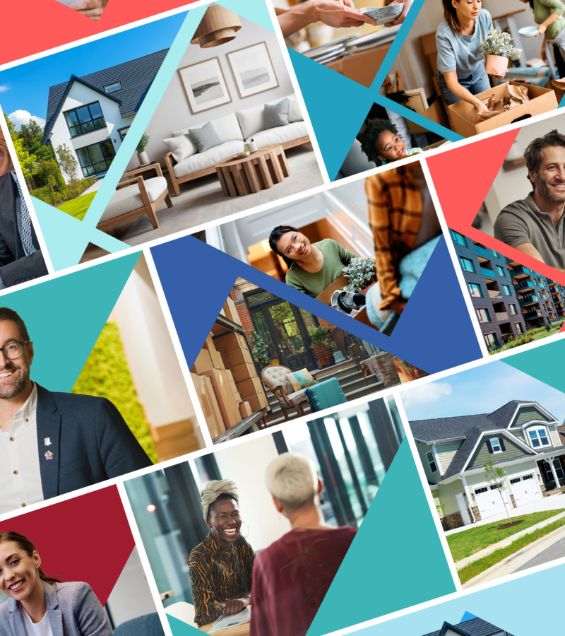 Collage of lifestyle and real estate images arranged in colourful geometric shapes, showing homes, people moving, working, and meeting.