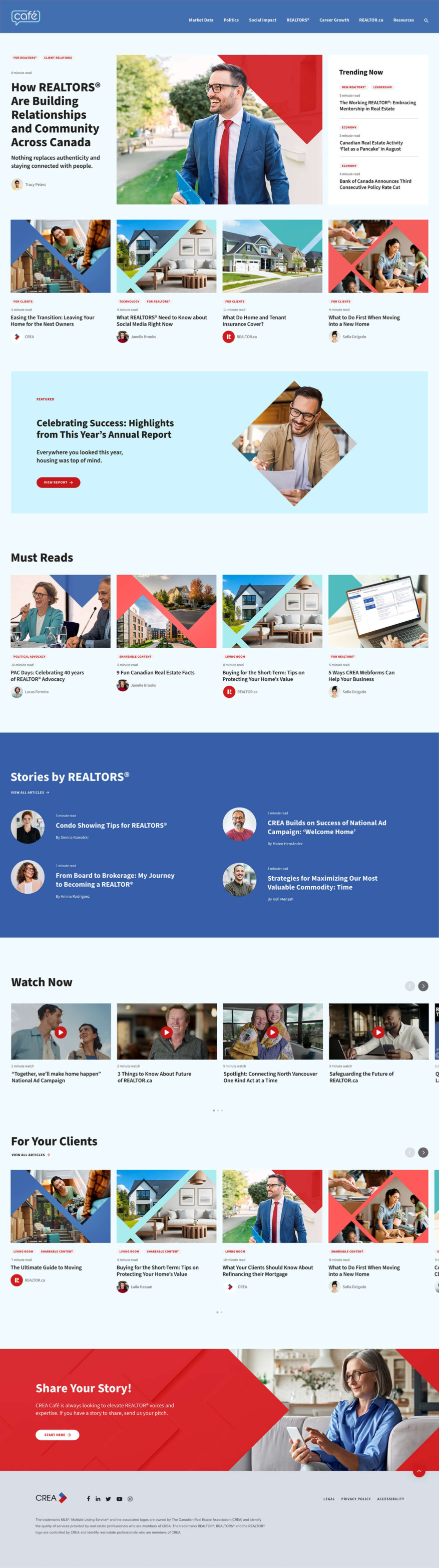 Full-page screenshot of the CREA Café homepage, featuring a grid of articles, REALTOR® stories, videos, and client resources, with colourful angular graphics framing each thumbnail.