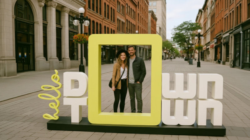 Couple posing in a yellow frame with “hello downtown” sign on a pedestrian street lined with historic buildings.