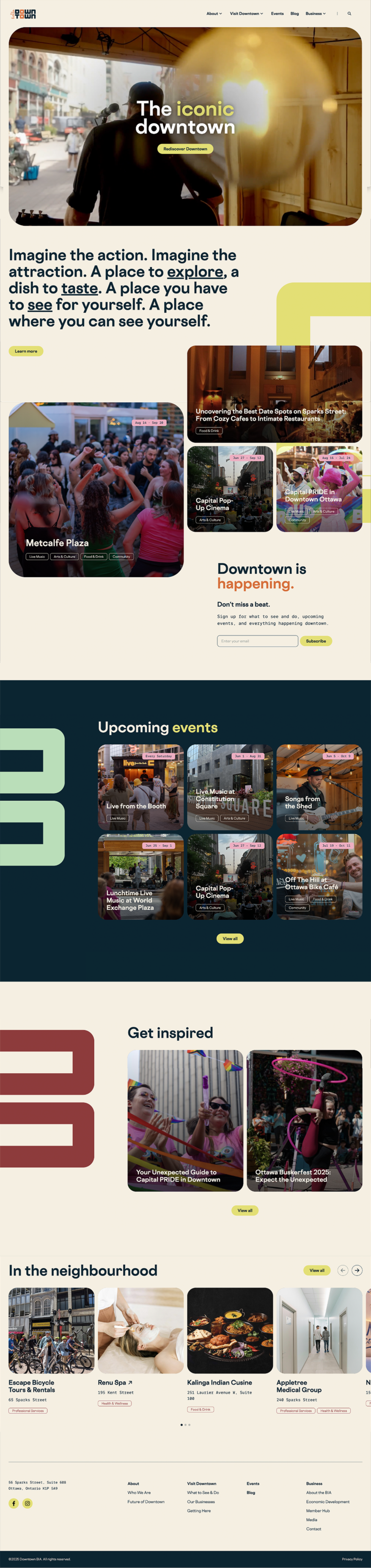 Website homepage for Hello Downtown featuring hero image, event listings, inspiration section, and local business highlights.