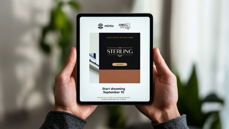 Tablet showing 2025 Minto Dream Home promo for “The Sterling” with logos, date, and learn more button.