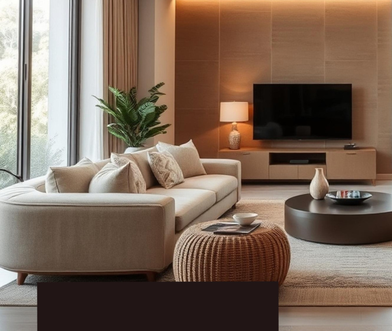 Modern living room with beige sofa, TV, wood accents, and natural light.