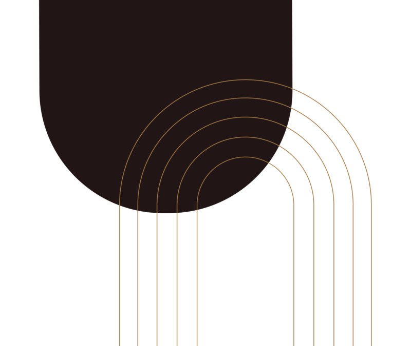 Art deco design of black half-circle with gold concentric arcs.
