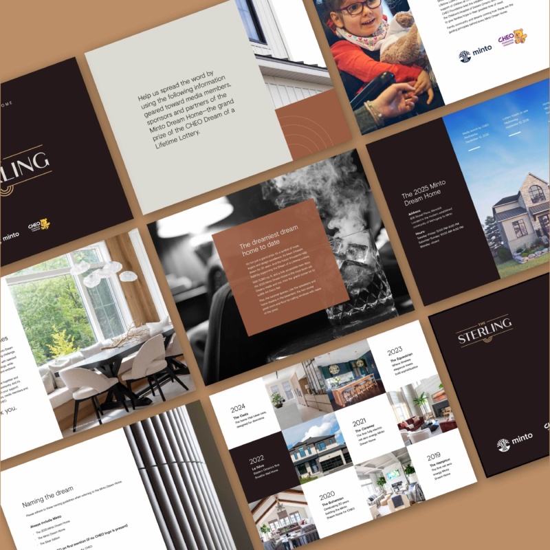 Collage of Minto Dream Home media kit pages featuring photos, text, and The Sterling branding.