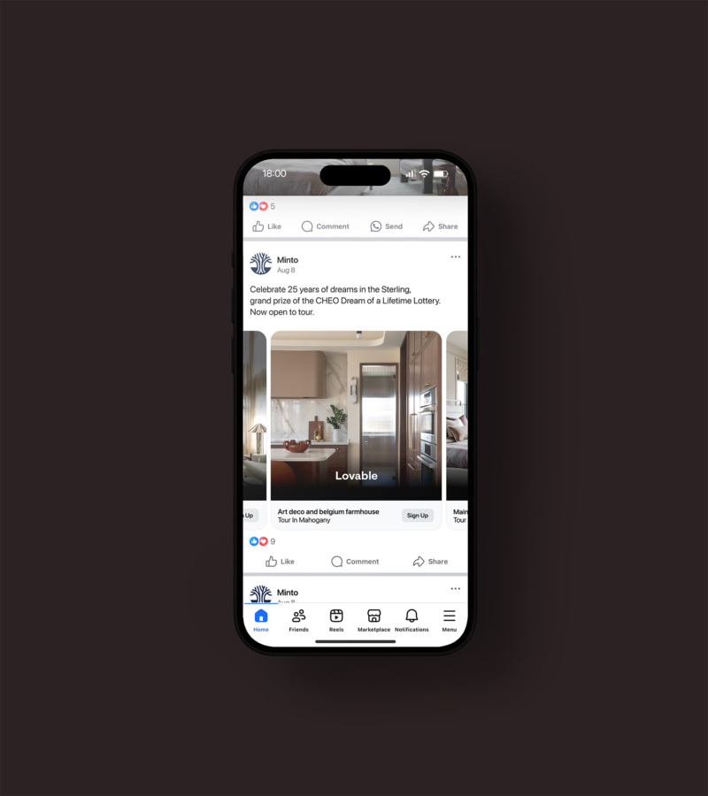 Smartphone screen showing Facebook ad with kitchen photo for Minto’s Sterling Dream Home.