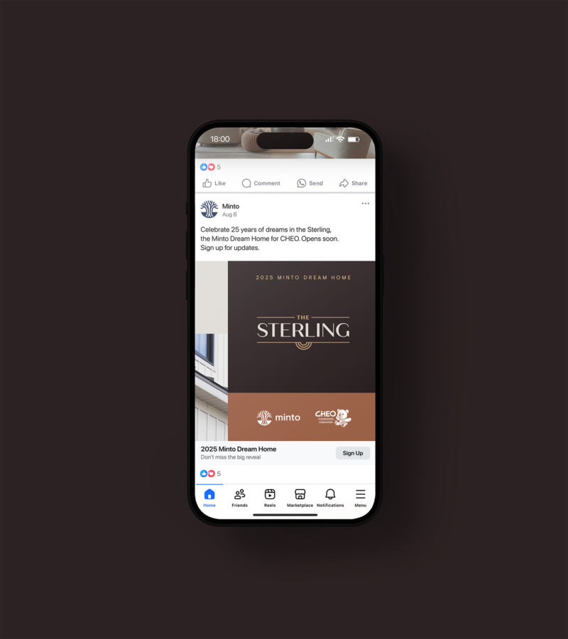 Smartphone screen showing Facebook ad with The Sterling logo promoting the 2025 Dream Home.