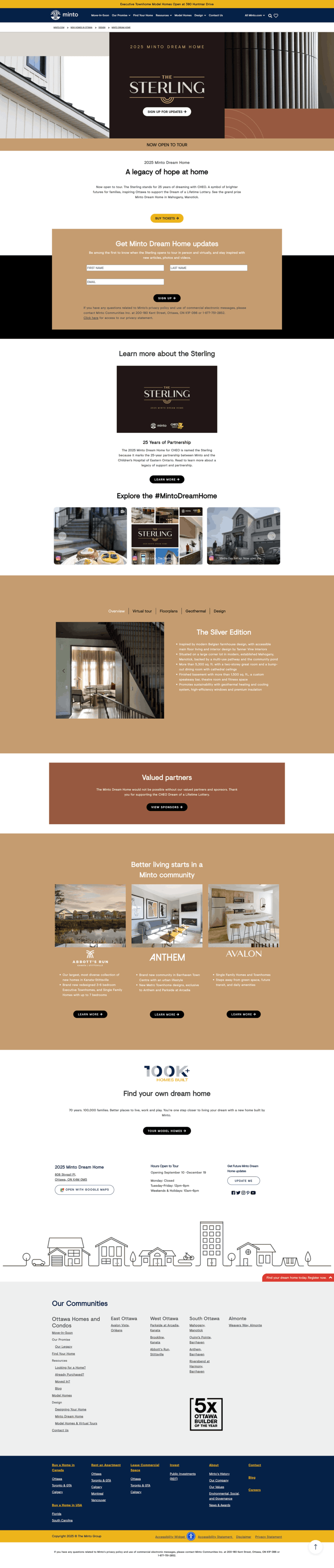 Screenshot of Minto’s 2025 Dream Home “The Sterling” landing page with images, updates form, and community info.