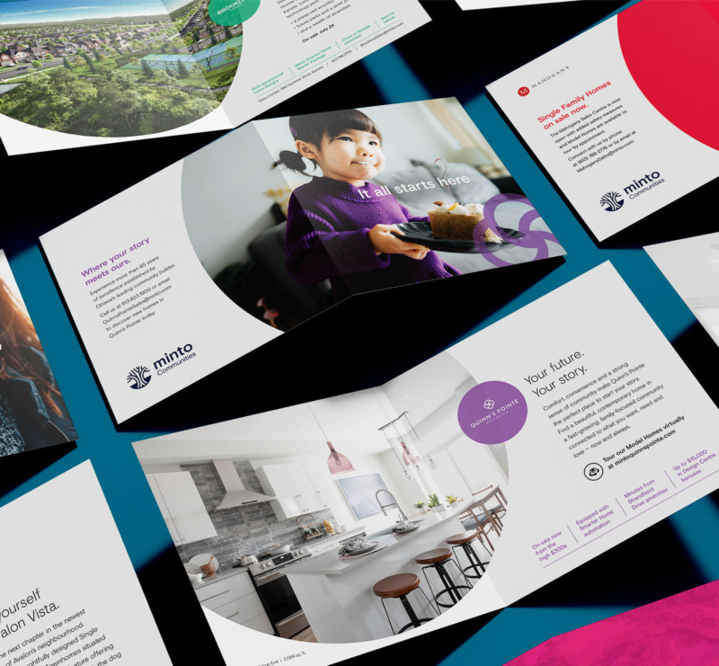 Flat lay of Minto Communities direct mail brochures showcasing various home developments, lifestyle photography, and modern interior imagery.