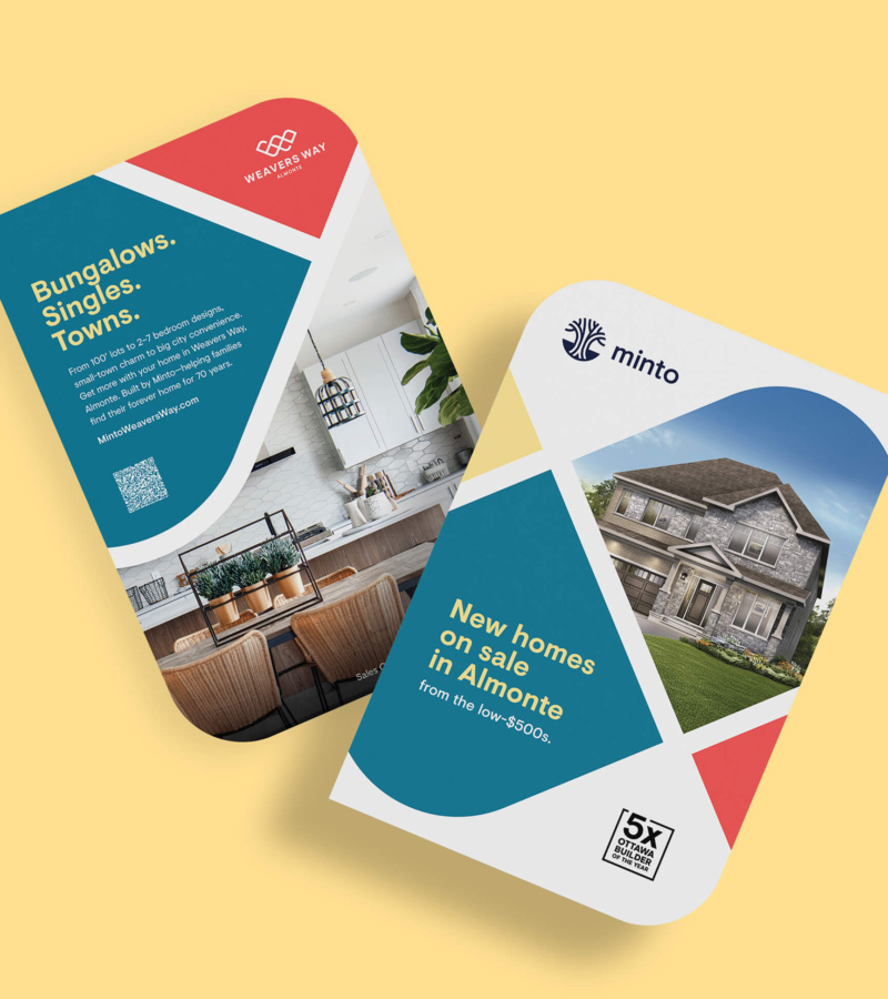 Two colourful Weavers Way postcards showing home interiors and exteriors, advertising new homes in Almonte.