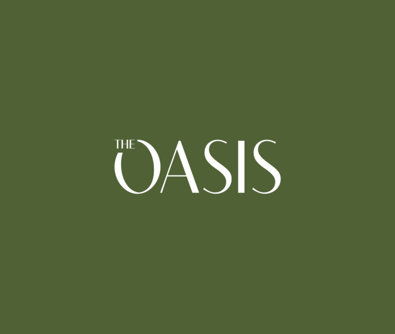 The Oasis logo in elegant serif font on an olive green background.