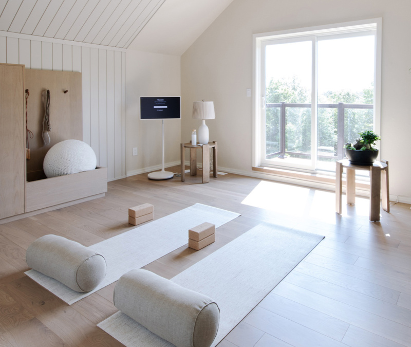 Bright yoga room with light wood floors, minimal decor, and large window.
