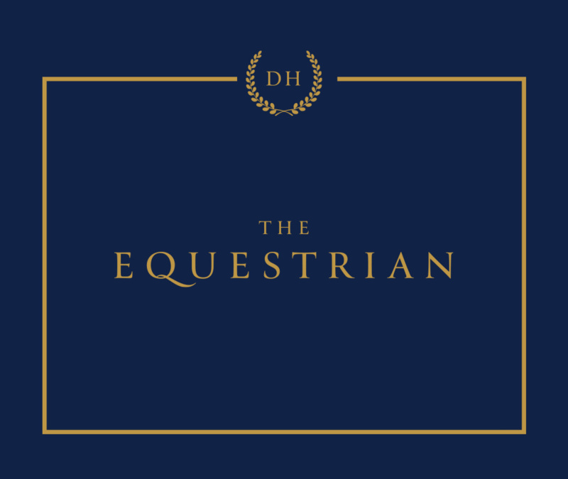 The Equestrian logo in gold serif type on a navy background with laurel emblem.