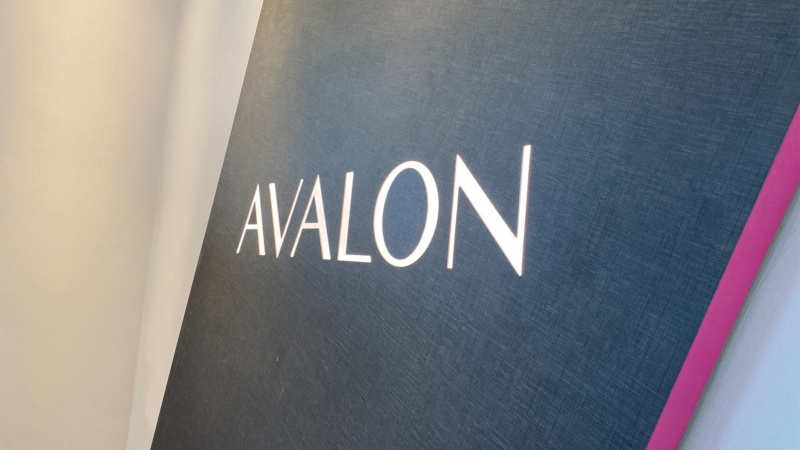 Close-up of a textured feature wall in a Minto Communities sales centre with the illuminated Avalon logo in white on a dark background.