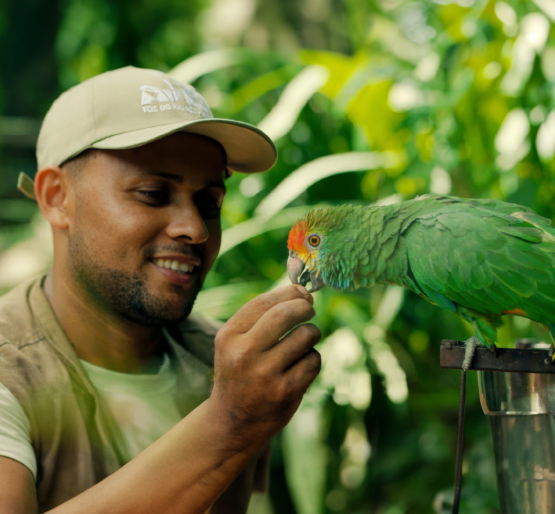 A caretaker wearing a beige cap and vest gently feeds a green parrot with a red crown in a lush rainforest setting.