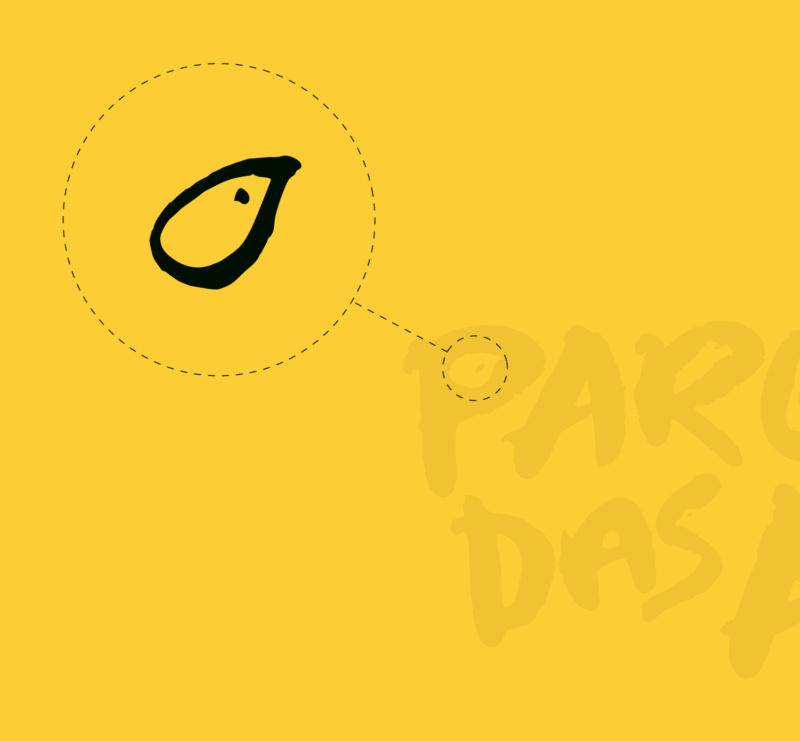 A hand-drawn bird icon magnified on a yellow background, revealing a hidden bird shape within the Parque das Aves wordmark.