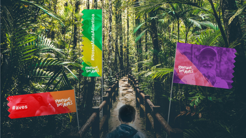 A person walks through a forest path lined with colourful Parque das Aves flags and banners.
