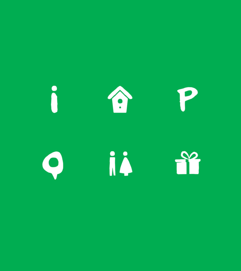 Six white icons on a green background, including info, birdhouse, parking, and gift symbols.