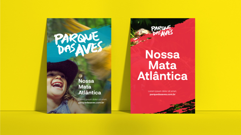 Two colourful posters promoting Parque das Aves with bold text and playful brushstroke graphics.