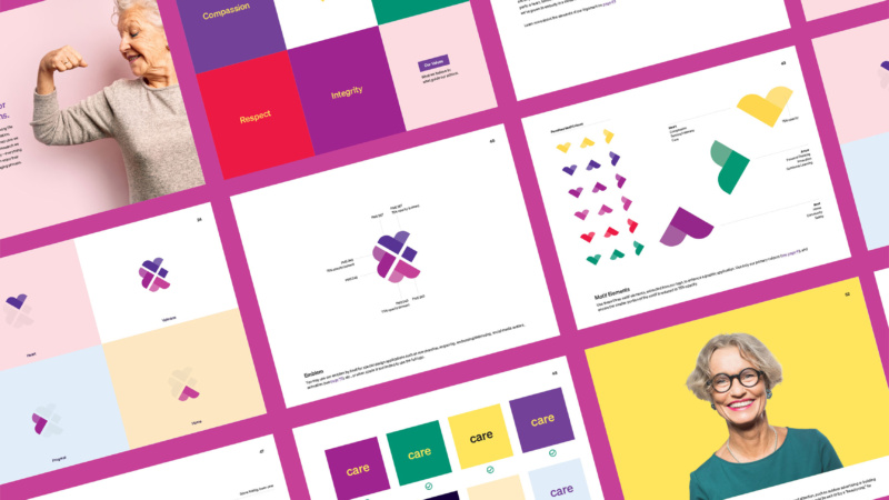 Brand guideline spread showing Perley Health logo, values, colour palette, and design motifs.