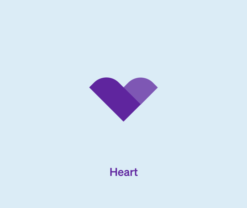 Purple heart-shaped logo variation with the word “Heart” on a light blue background.