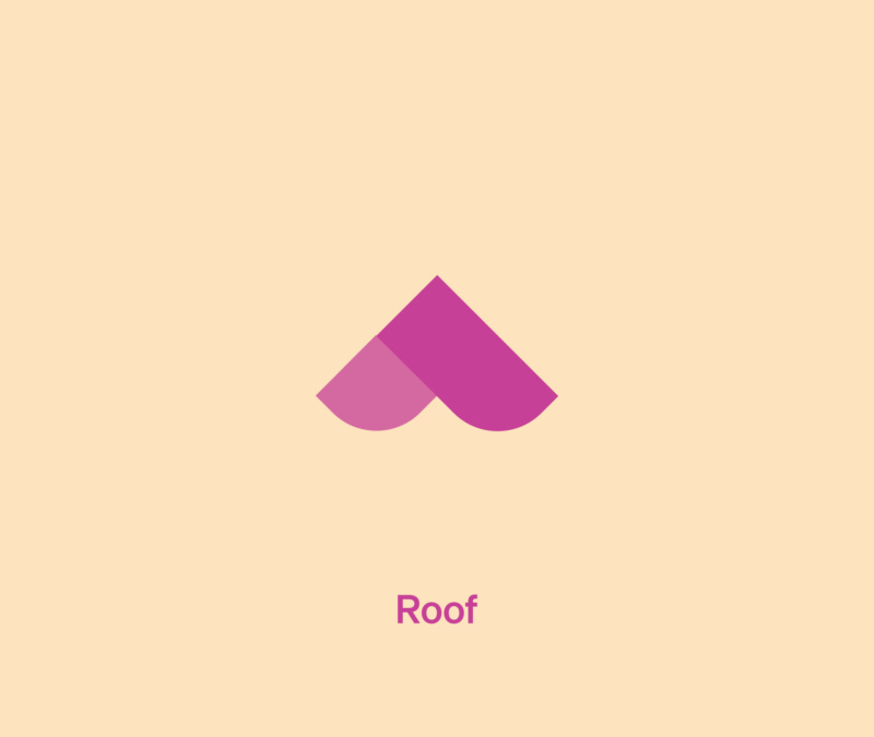 Pink roof-shaped logo variation with the word “Roof” on a beige background.