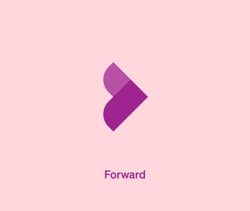 Purple forward arrow logo variation with the word “Forward” on a pink background.