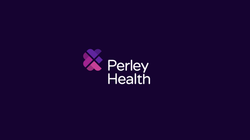 Perley Health logo with purple and pink heart-shaped emblem on dark background.