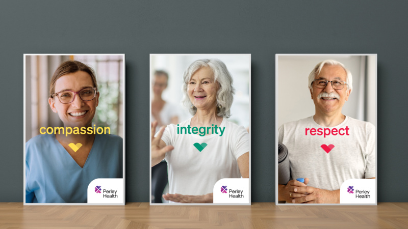 Three posters featuring portraits of seniors with words compassion, integrity, and respect.