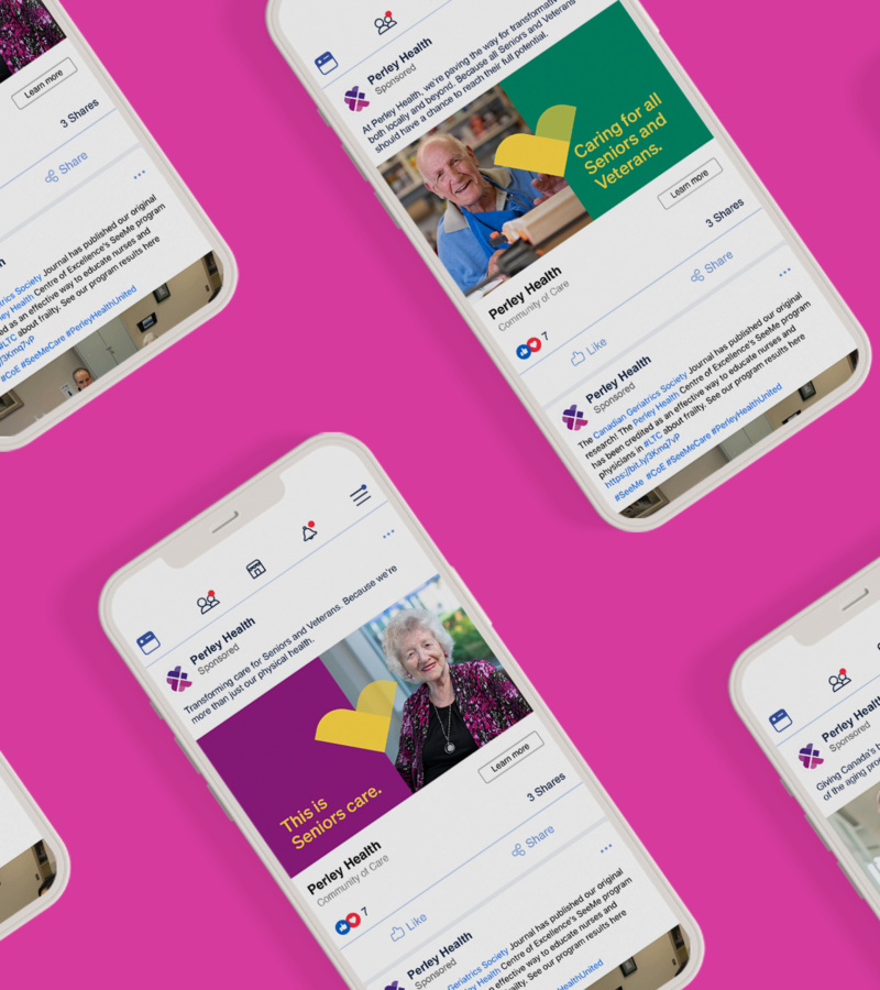 Smartphone screens showing Perley Health Facebook ads with seniors and colourful heart graphics.