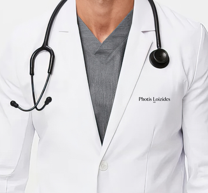White lab coat embroidered with Photis Loizides MD and black stethoscope over gray scrubs