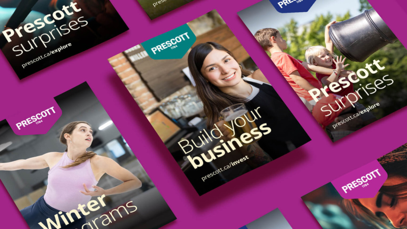 Collection of Prescott promotional ads featuring people, activities, and headlines like “Prescott surprises” and “Build your business”.