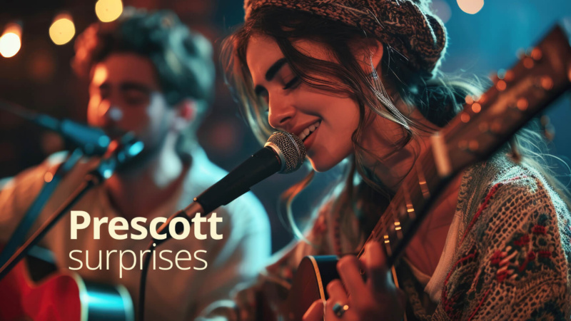 Woman singing into a microphone while playing guitar on a warmly lit stage, with another musician blurred in the background and the text “Prescott surprises”.