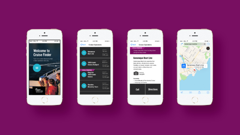 Four smartphone screens show the Cruise Finder app with boat tour listings and map directions.
