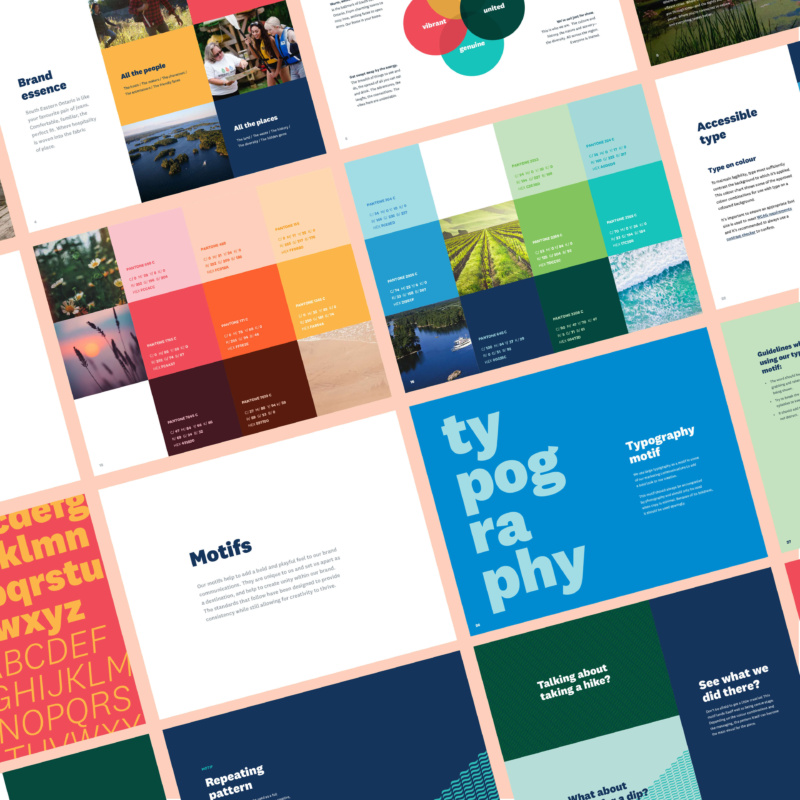 Overhead view of South Eastern Ontario brand guidelines showing brand essence, tone, motif, colour palettes and typography.