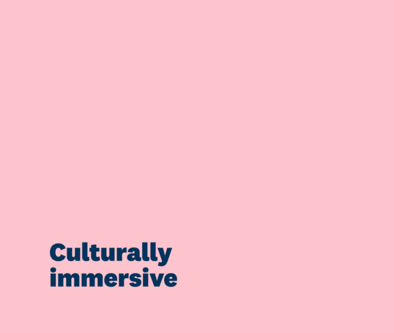 Pink background with simple bold navy text reading “Culturally immersive.”