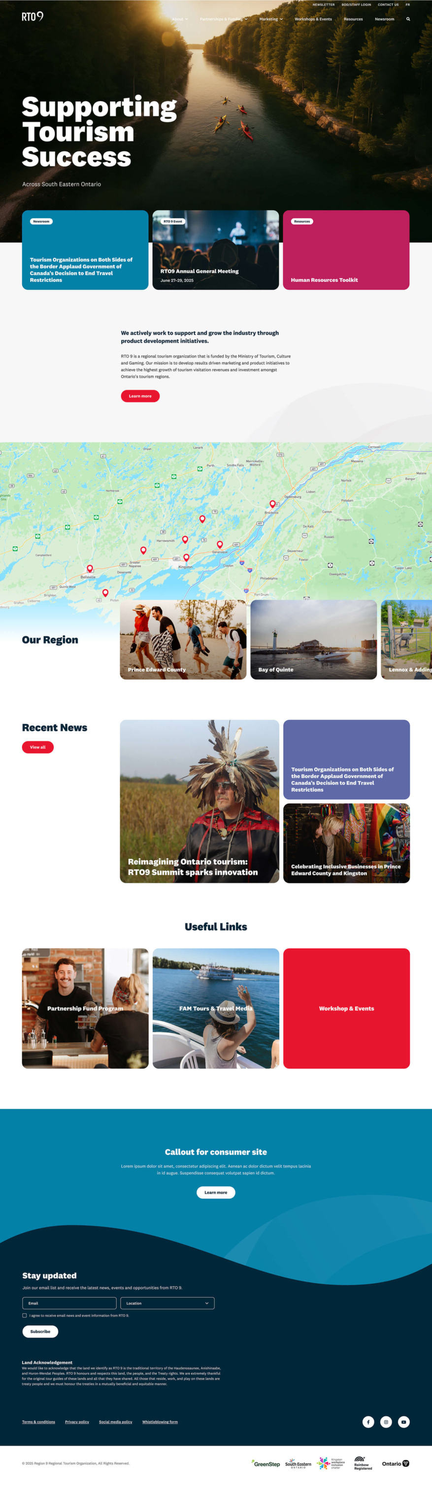 Homepage of the RTO9 website showing “Supporting Tourism Success” with regional highlights, news, maps, and partner resources.