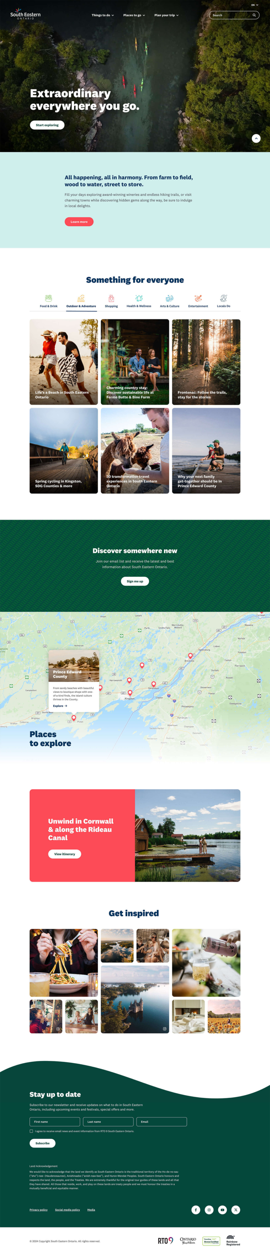 South Eastern Ontario tourism homepage showing “Extraordinary everywhere you go” with scenic imagery, travel categories, and an interactive map.