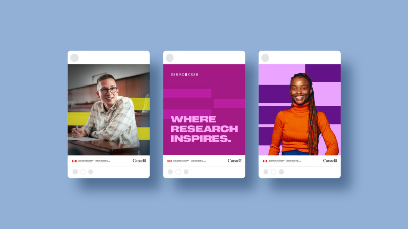 Set of three social graphics with portraits and text “Where Research Inspires.”