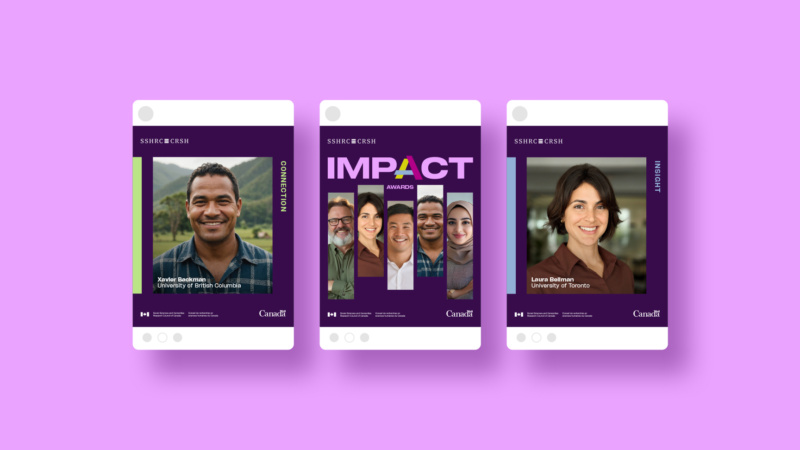 Three social graphics for SSHRC Impact Awards with portraits and text.
