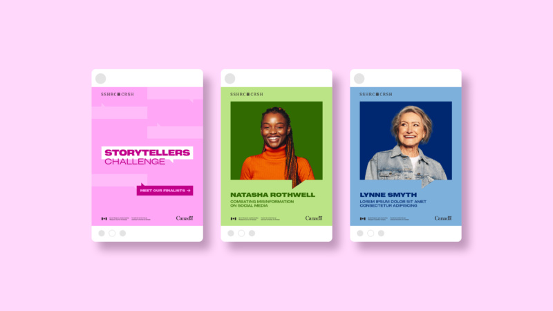 Three social graphics for SSHRC Storytellers Challenge with portraits and text.